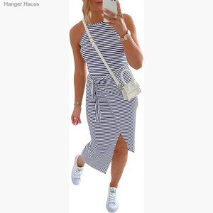 Sleeveless Striped Midi Dress Ruched Bodycon Tie Waist Summer Casual